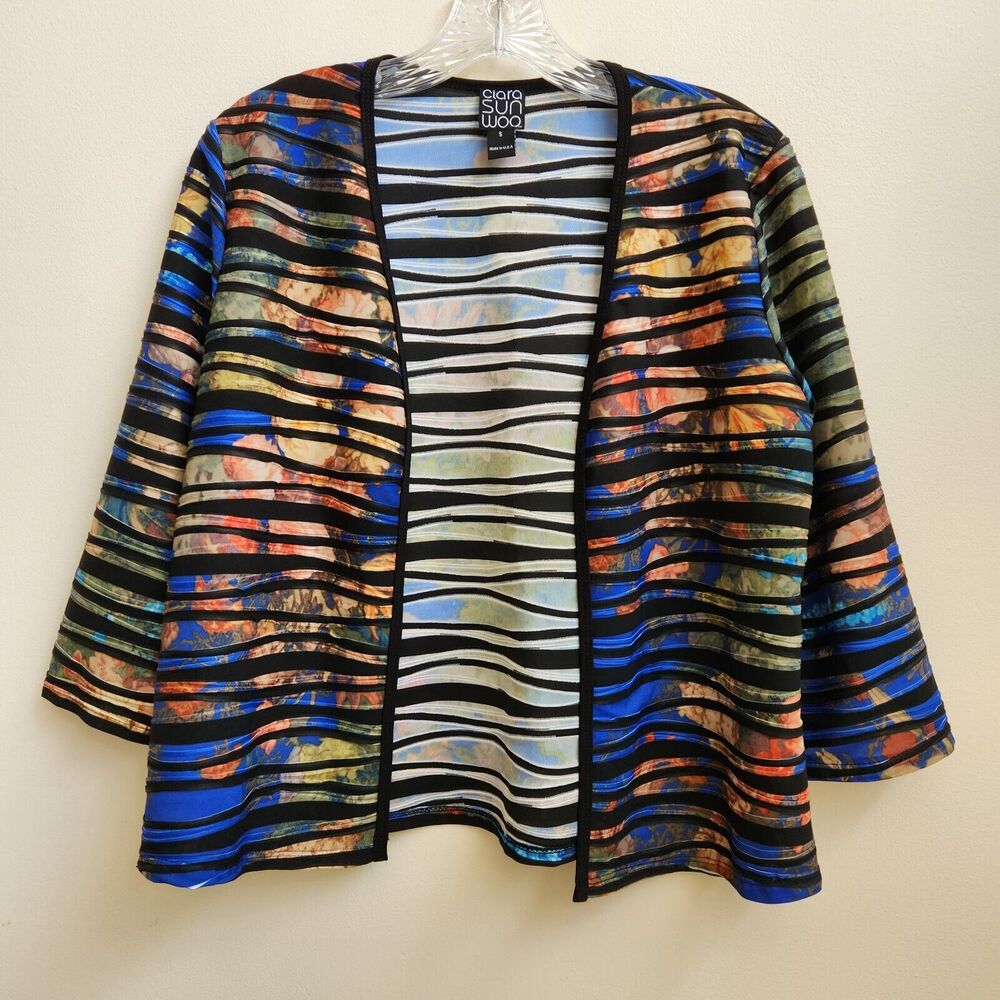 Clara Sun Woo Cardigan Womens Small Open Front Cropped Black Striped Multicolor